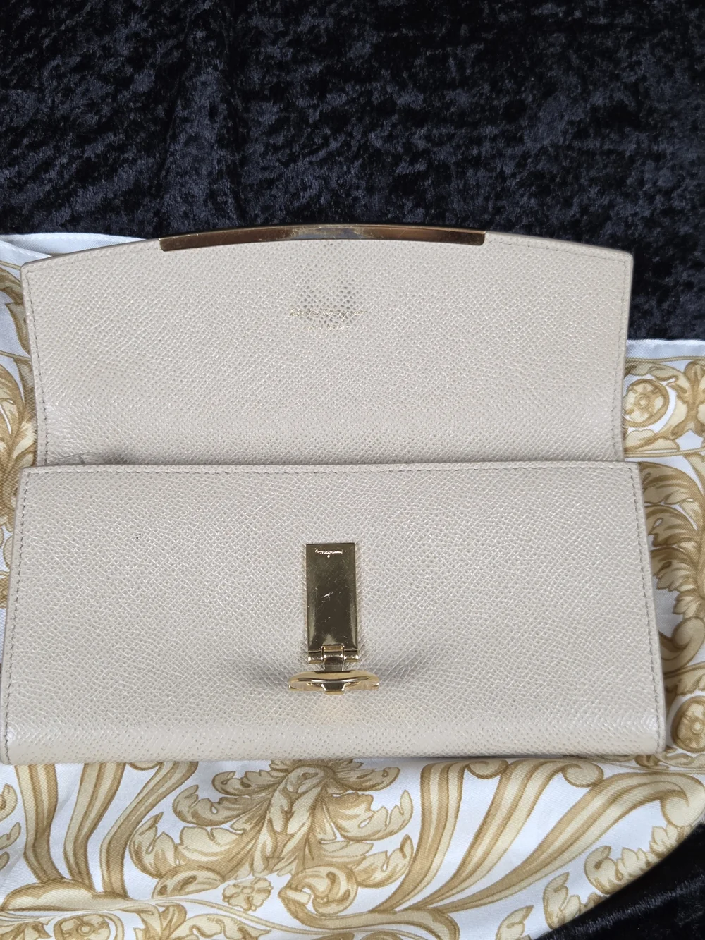 Salvatore Ferragamo Beige Leather Chain Clutch with Gold Hardware